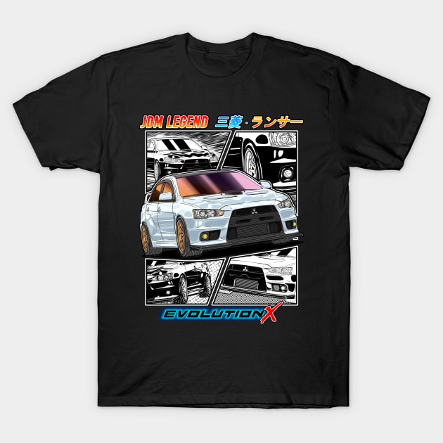 JDM White Mitsubishi Lancer Evolution X Drifting T-Shirt by Guyvit